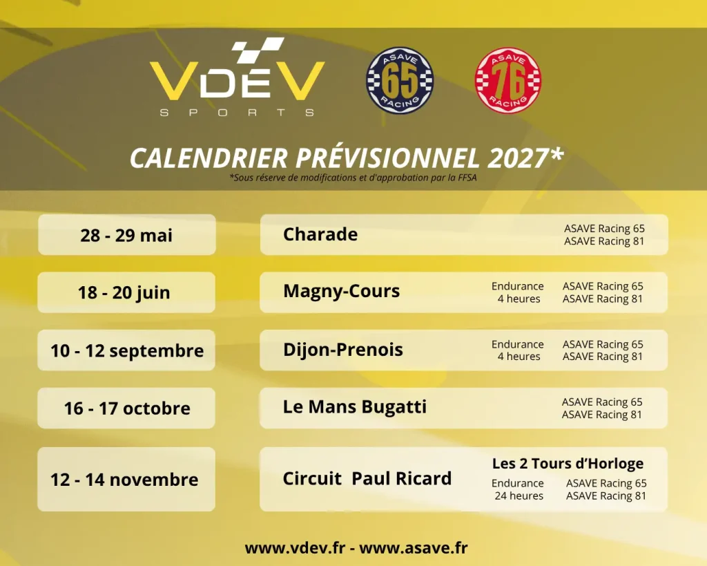 Calendrier V de V Sports 2027